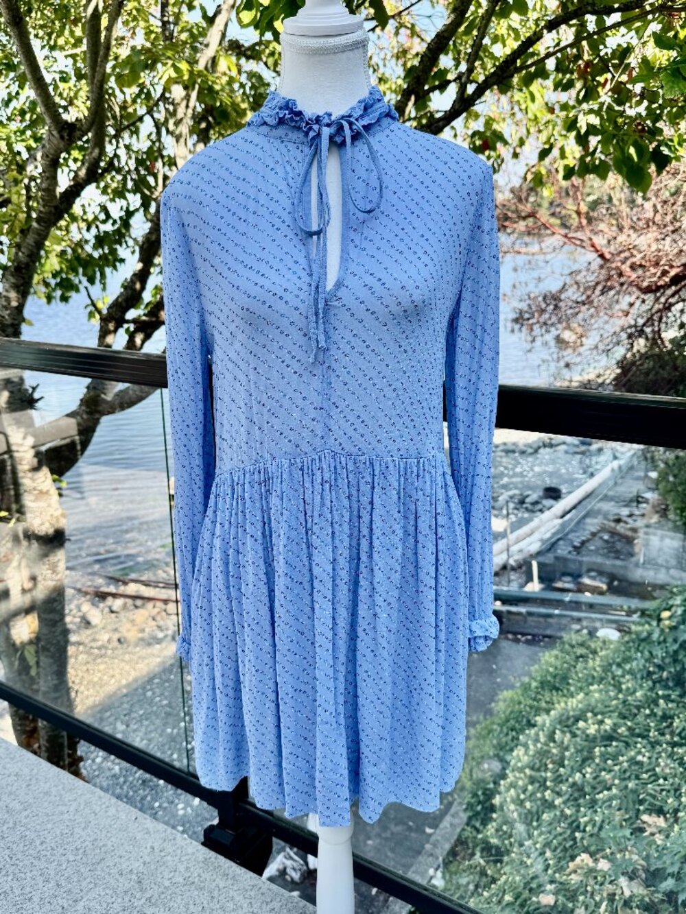 Ganni Blue Floral High Neck Mini Dress